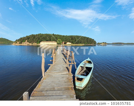 Wooden ruined bridge to isolated Monastery of Saint Mary on Zvernec island (Narta Lagoon, Vlore, Albania). 101635781