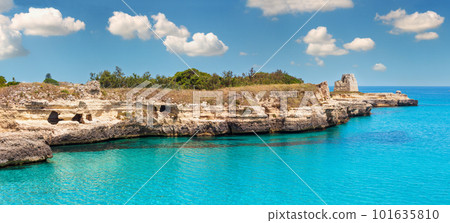 Ancient small caves on picturesque Adriatic sea coast Archaeological Area of Roca Vecchia, Salento, Puglia, Italy 101635810