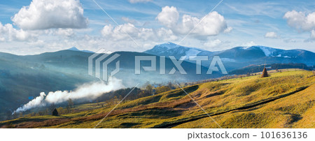 Hazy autumn Carpathian mountain, Ukraine (Jasynja Village and Svydovets Range in far). 101636136