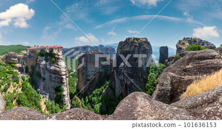 Summer Meteora - important rocky Christianity religious monasteries complex in Greece. Panorama. 101636153