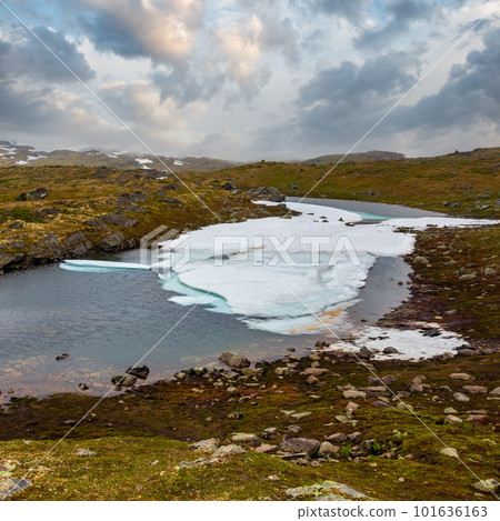 North Norway mountain spring tundra valley and puddle with ice cake 101636163