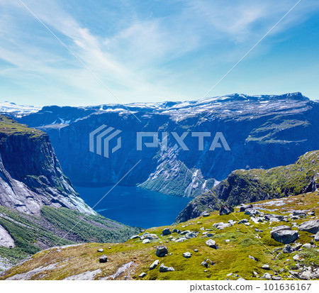 Ringedalsvatnet lake summer hazy landscape (Norway). View from above. Ringedalsvatnet lake summer hazy landscape (Norway). View from above. 101636167
