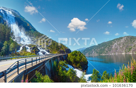Summer mountain Langfossen waterfall on slope (Etne, Norway). 101636170