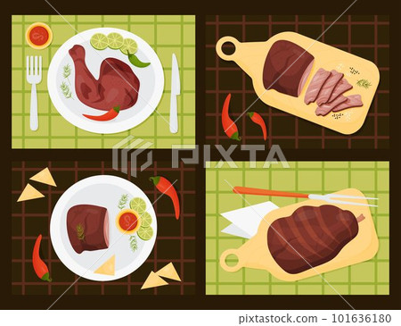 Mexican barbecue meat food. Fried ahiote chicken leg, grilled beef and fried pork leg. Served dishes in plates and on kitchen board on tablecloth. View from above. isolated vector illustrations. 101636180