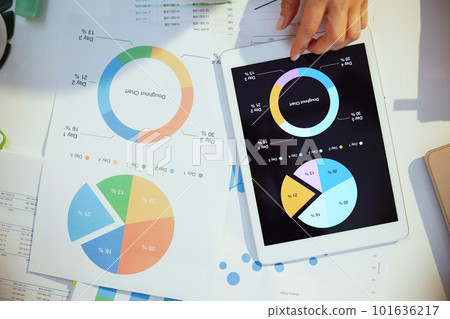 business woman with tablet pc working with documents and graphs 101636217