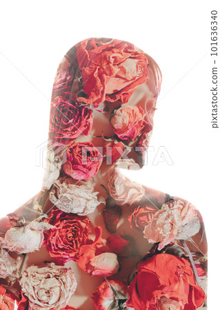 Aroma therapy. Nature beauty. Organic herbal cosmetology. Double exposure portrait of pink rose flowers petals woman face silhouette on white. Aroma therapy. Nature beauty. Organic herbal cosmetology. Double exposure portrait of pink rose flowers petals woman face silhouette on white. 101636340