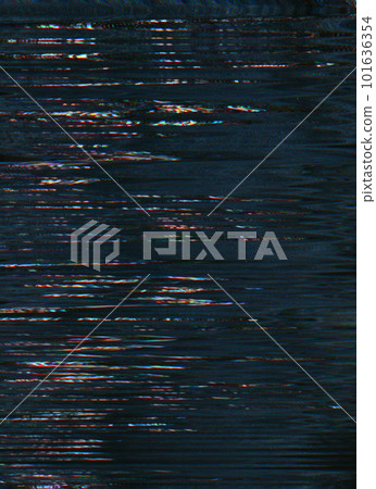 Glitch overlay. Analog distortion. Static noise texture. Orange purple color pixel artifacts on dark black illustration abstract background. 101636354