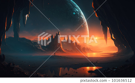 An alien landscape with planet in the distance....-插圖素材 [101636512 ...