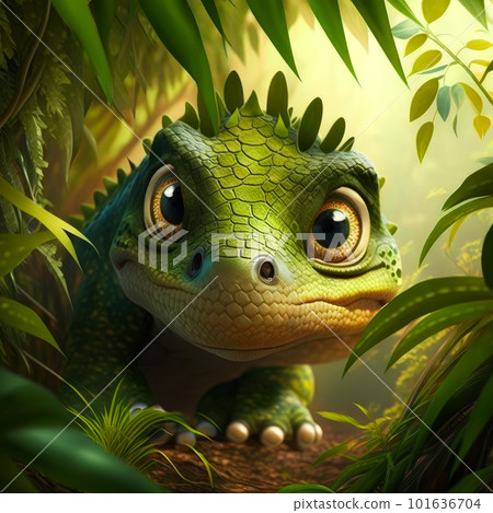 An image of baby dinosaur in the jungle. Generative AI 101636704