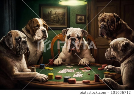 Group of bulldogs playing poker at table.... - Stock Illustration ...