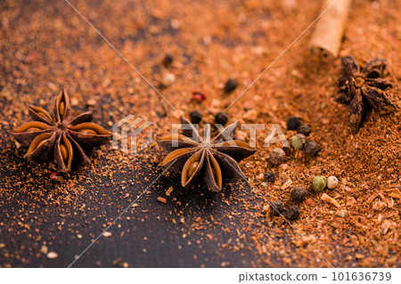 Close-up of star anise and cinnamon and ground pepper lie on the table. Spicy food concept and oriental cuisine 101636739
