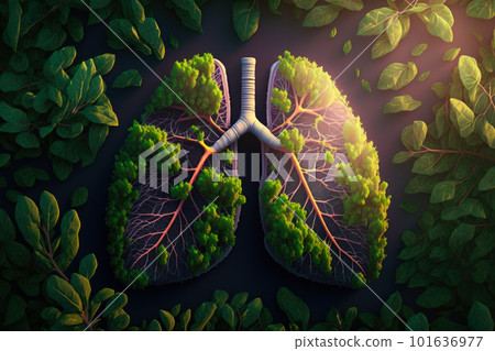Lungs with green leaves on dark background. Generative AI 101636977