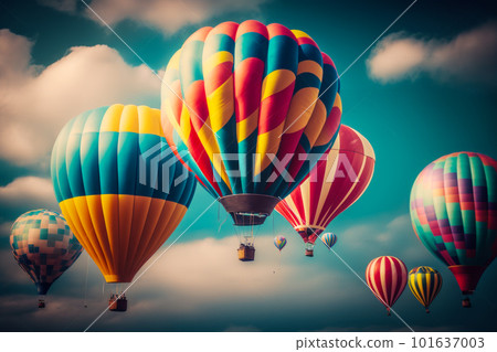 Group of colorful hot air balloons flying in the sky with clouds in the background. Generative AI 101637003