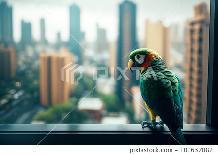 Colorful parrot perched on window sill in front of cityscape. Generative AI 101637082