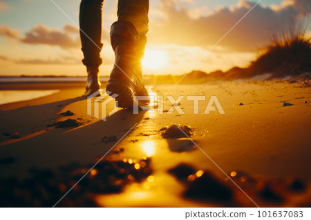Person walking on beach with the sun setting in the background and the sand in the foreground. Generative AI 101637083