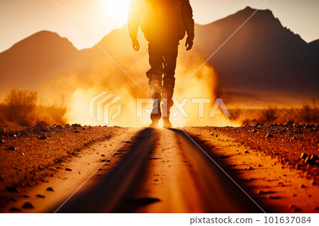 Man walking down dirt road in the middle of the desert with the sun behind him. Generative AI 101637084