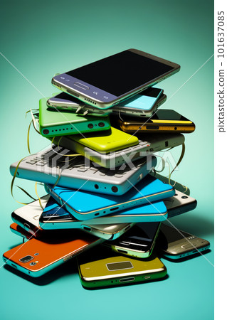 Pile of cell phones sitting next to each other on top of blue surface. Generative AI 101637085
