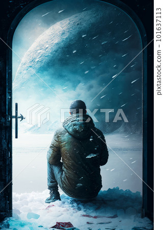 Man standing in front of open door looking at distant object in the sky. Generative AI 101637113