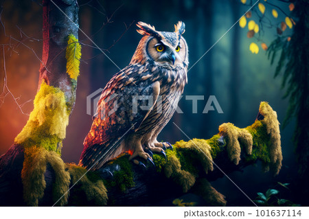 Owl sitting on tree branch in forest with mossy branches and yellow leaves. Generative AI 101637114
