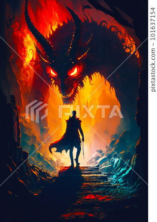 Man standing in front of dragon with cape and sword in his hand. Generative AI 101637154