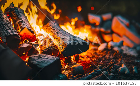 Close up of fire with rocks and fire pit in front of it. Generative AI 101637155