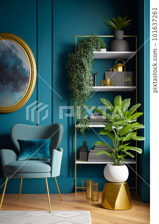 Living room with blue wall and gold shelf with potted plant. Generative AI 101637261
