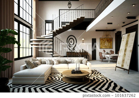Living room with couch table and spiral staircase in it. Generative AI 101637262