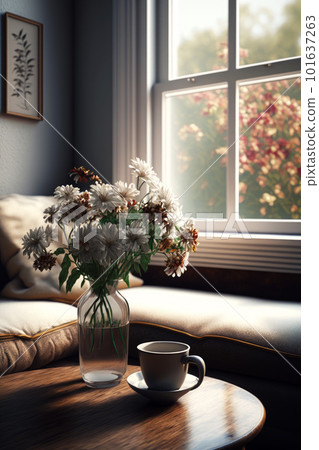 Vase filled with white flowers sitting on top of table next to window. Generative AI 101637263