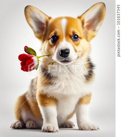 Small dog holding red rose in it's mouth and looking at the camera. Generative AI 101637345