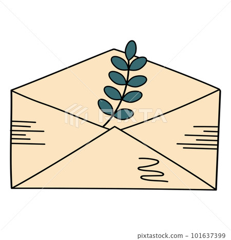 Doodle envelope with twig. Postal vintage element. Mail icon. Doodle envelope with twig. Postal vintage element. Mail icon. 101637399