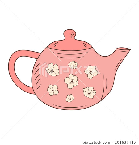 Cute hygge ceramic teapot with flowers. Hand drawn illustration in doodle style. 101637419