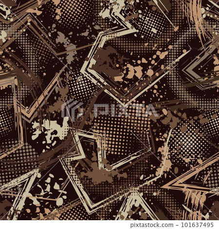 Abstract brown camouflage pattern with splattered paint, paint brush strokes, broken lines, halftone shapes. Dense chaotic composition For apparel, fabric, textile, sport goods Grunge texture 101637495