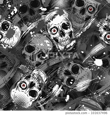 Monochrome grunge camouflage pattern with human skulls with eye, abstract brushstrokes, blots, halftone shapes. Random dense composition. Good for apparel, clothing, fabric, textile, sport goods. Monochrome grunge camouflage pattern with human skulls with eye, abstract brushstrokes, blots, halftone shapes. Random dense composition. Good for apparel, clothing, fabric, textile, sport goods. 101637496