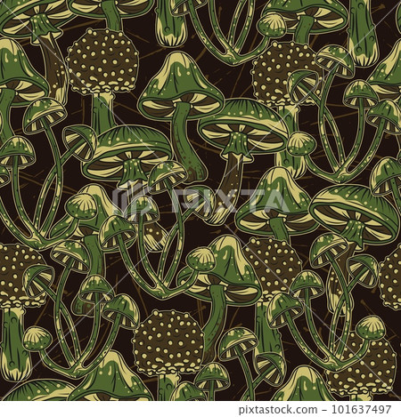 Green khaki camouflage pattern with fantasy mushrooms. Dark textured background behind. Good for apparel, clothing, fabric, textile, sport goods. 101637497