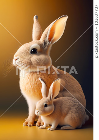 Couple of rabbits sitting next to each other on top of table. Generative AI 101637737