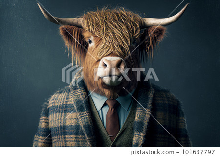Bull wearing suit and tie standing in front of dark background. Generative AI 101637797