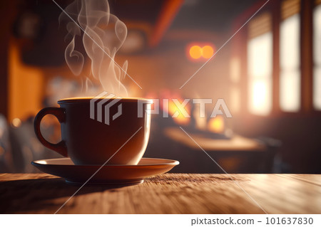 Steaming cup of coffee on saucer with saucer on... - Stock Illustration ...