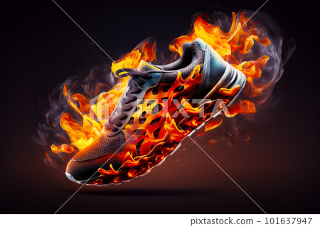Pair of shoes with fire on the bottom of the shoe and the bottom of the shoe on fire on the bottom of the shoe. Generative AI 101637947