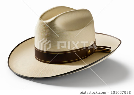 White hat with brown band and brown ribbon around the brim. Generative AI 101637958