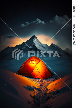 Red tent sitting on top of snow covered mountain under cloudy sky. Generative AI 101638083