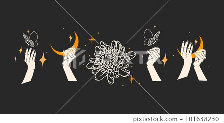 Hand drawn vector abstract graphic illustration with logo elements collection set,magic crescent,butterfly,flowers,moon and human hands white silhouettes,isolated. Mystical butterfly design concept. Hand drawn vector abstract graphic illustration with logo elements collection set,magic crescent,butterfly,flowers,moon and human hands white silhouettes,isolated. Mystical butterfly design concept. 101638230