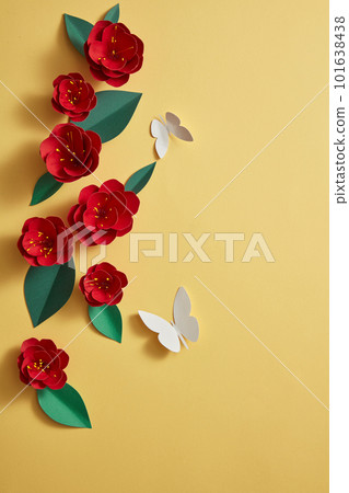 Top view of some red flowers arranged in a line with white butterflies on yellow background. Vector paper art flowers set. 3d origami flowers 101638438