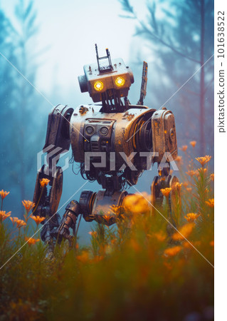 Robot standing in field of flowers with its head turned to the side. Generative AI 101638522