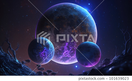 Blue planet with three moons covered with purple luminous organic web Blue planet with three moons covered with purple luminous organic web 101639023