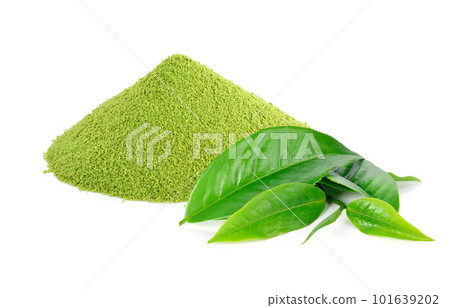 powder green tea and green tea leaf isolated on white background powder green tea and green tea leaf isolated on white background 101639202