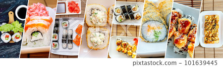 Collage with Sushi rolls japanese food. Photo banner. Horizontal format 101639445