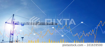 Construction site, graph. Interest Rate Increases. Apartment. Industry crisis concept. Inflation. Copy space, banner Construction site, graph. Interest Rate Increases. Apartment. Industry crisis concept. Inflation. Copy space, banner 101639500
