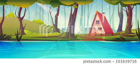 Cottage house in forest, river fairytale landscape 101639716