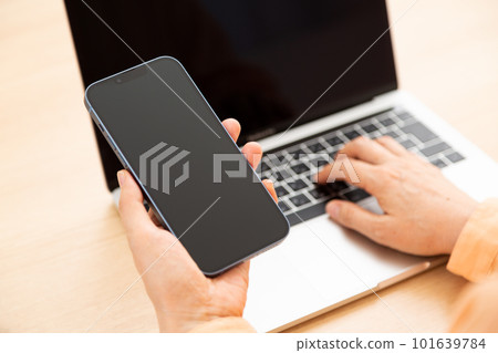 Senior woman's hand holding a smartphone 101639784