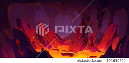 Game background of hell with lava in rock cave 101639821